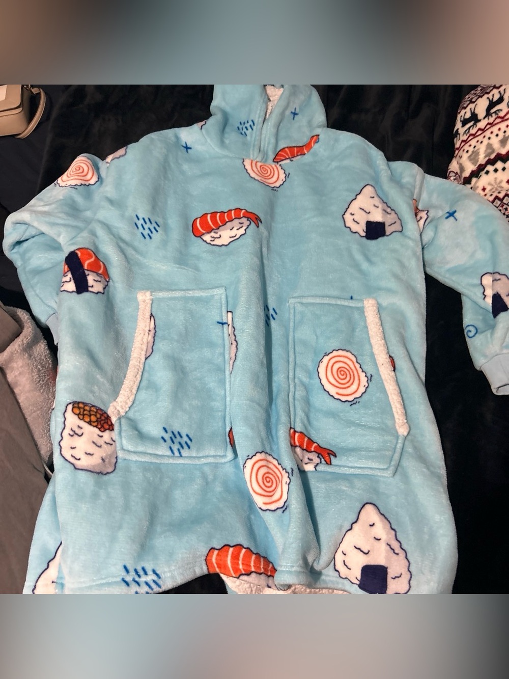 BIG Hooded Top with Sushi Print - Light Blue